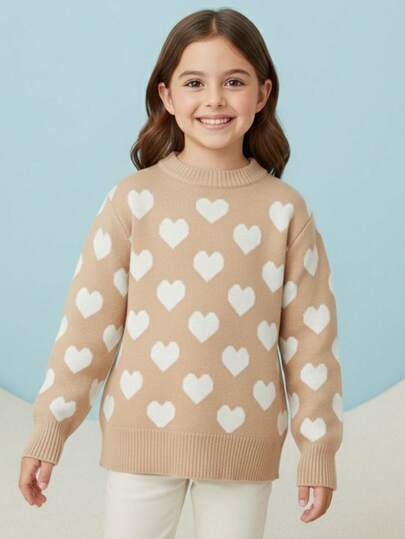 Suéter Feminino Infantil Menina Tricot Tricô Modal Com Corações Estampa Confortável de Frio Casual Escola