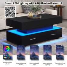 Black Lift-Top Coffee Table Measuring 100 X 50 X 44 Cm With Hydraulically Adjustable Height, LED Lighting, Bluetooth App Control, 2 Drawers And Open Storage Space. - Black - View 4