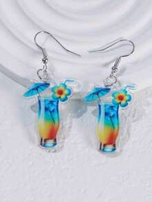 1 Pair Of 2D Acrylic Tropical Cocktail Glass Drop Earrings Colorful Double-Sided Design Ladies Fashion Accessories Suitable For Casual And Festive Wear - Đỏ - Xem 6