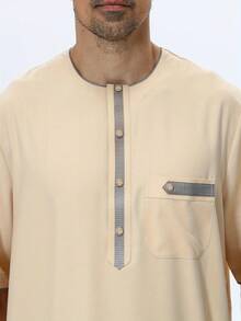 AL HARAMAIN Men's Short Sleeve Arabic Thobe, Simple Round Neck With Button Design, Regular Fit, Showcasing The Blend Of Tradition And Fashion - Apricot - View 6