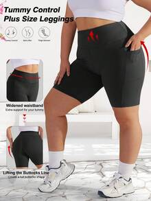 Plus Size Women's Solid Color Lightweight Cycling Shorts, High Waist Tummy Control Lifting Fitness Running Stretchy Shorts With Pockets - Black - View 2