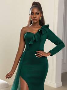 Faeriesty Chic Women's Elegant Asymmetrical One-Shoulder Ruffled Mermaid Evening Gown With High-Leg Slit & Flowing Illusion Train, Form-Fitting Satin Banquet Dress For Black-Tie Galas, Red Carpet Events, Luxury Balls, Anniversary Soirees, And Charity Galas Christmas Matching Outfits - Dark Green - View 6