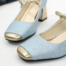 Retro Light Blue Metallic Toe Printed Buckle Chunky Heel Women's High Heels, Ankle Chain Decoration, Fashionable Women's Shoes For Summer. - Màu xanh lam - Xem 5