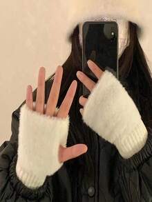 新款貂绒半指手套，柔软保暖，女士冬季保暖纯色毛绒露指手套，简约时尚冬季保暖手套，圣诞礼物 - 彩色 - 查看 6