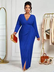 BIUBIU 大码女式长袖V领休闲优雅简约春秋冬装，适合返校季和感恩节穿着 - 寶藍色 - 查看 7