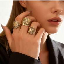 A Set Of 5 Vintage-Engraved Floral Pattern Mixed-And-Matched Western-Style Antique Gold Open Rings, Exuding A Simple And Elegant Charm, Perfect For Everyday Wear, Casual Occasions, Holidays, And Special Occasions.Party Favors,Halloween, The Best Choice For Christmas Party Gifts - 老錢戒指 - 查看 4