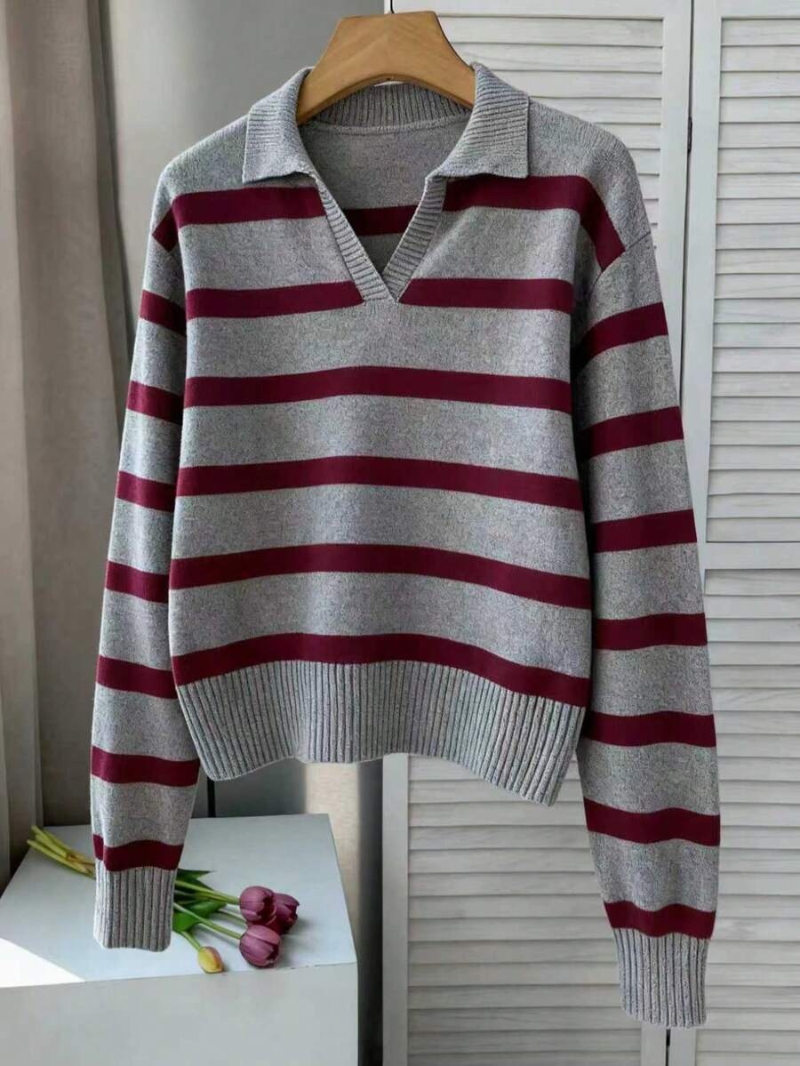 Maglione a maniche lunghe con colletto polo a righe e contrasto di colori, stile vintage, nuovo per primavera e autunno. Pullover ampio con mezza patta, stile vintage, nuovo per l'anno nuovo