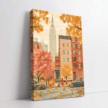 Imprimeu artistic pe pânză cu orizont de toamnă vintage din New York City, 1 buc - Poster decorativ de perete plat, neînrămat, cu frunziș de toamnă și nuanțe calde de portocaliu, pentru sufragerie, dormitor, birou - Ziua Recunoștinței, Halloween, idee de cadou de Crăciun, decor de perete metalic, decorațiuni pentru cameră, artă murală pe pânză mare, artă murală din tablă, decorațiuni pentru casă, cumpărători de sărbători, decoratori de casă, 2D plat, perfect pentru decorul camerei