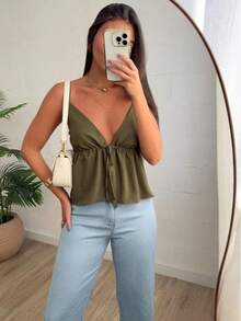 Women's Cropped Tank Top With Front Opening, Adjustable Tie, And Adjustable Straps - Spring 2025 Summer - Màu xanh Ô liu - Xem 2