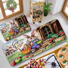 1pc Whimsical Rabbit And Basket Designed Floor Mat – Non-Slip, Stain-Resistant Polyester Mat, Quick-Drying Mat For Kitchen, Laundry Room, Bathroom, Ideal For Easter, Christmas, Valentine's Day, Thanksgiving Decorations, Washable Area Mat - Multicolor - View 7