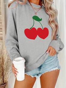 Heart-Shaped Cherry Pattern Printed Sweatshirt - Women's Casual Long-Sleeved Round Neck Autumn And Winter Sweatshirt - Machine Washable Polyester - Plus-Size Women's ClothingFashionable Women's Clothing - Màu Xám nhạt - Xem 1