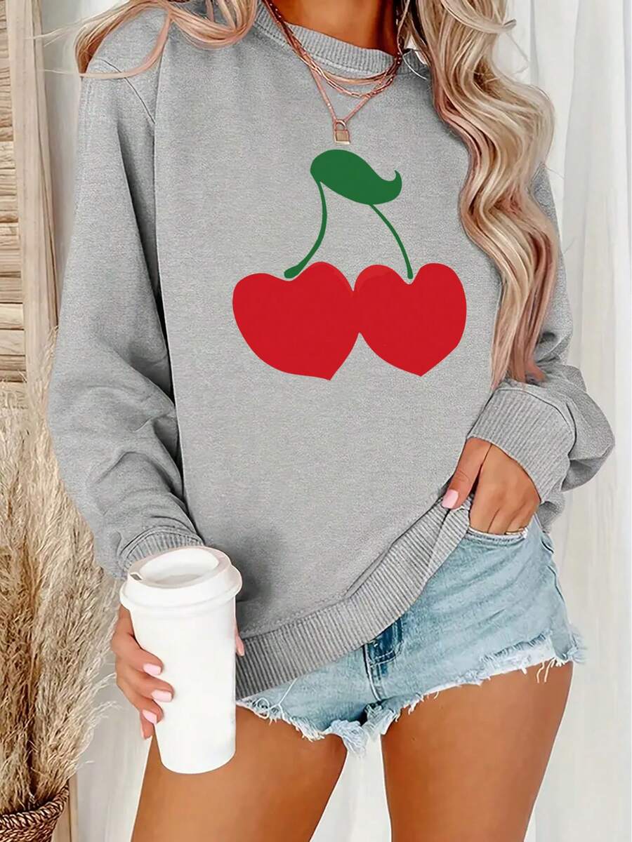 Heart-Shaped Cherry Pattern Printed Sweatshirt - Women's Casual Long-Sleeved Round Neck Autumn And Winter Sweatshirt - Machine Washable Polyester - Plus-Size Women's ClothingFashionable Women's Clothing - Màu Xám nhạt - Xem 1