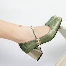 Retro Green Metallic Toe Print Buckle Chunky Heels, Ankle Chain Embellished Fashionable Women's Shoes For Summer. - 綠色 - 查看 1