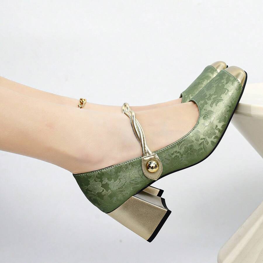 Retro Green Metallic Toe Print Buckle Chunky Heels, Ankle Chain Embellished Fashionable Women's Shoes For Summer. - 綠色 - 查看 1