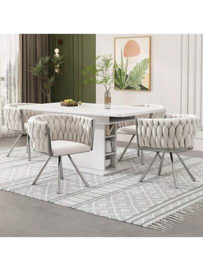 Fluwelen Dining Chair, Set Of 2, Single Verlichting Luxe Living Room Bedroom Swivel Leisure Stoel Four Metal Support Legs, Beige+Silver