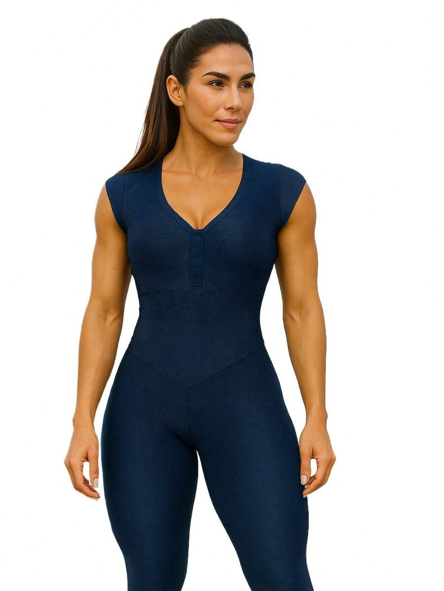 Women's 3D Fitness Jumpsuit For Gym Use + Removable Padding With Strap At The Back. - Azul Marino - Ver 1