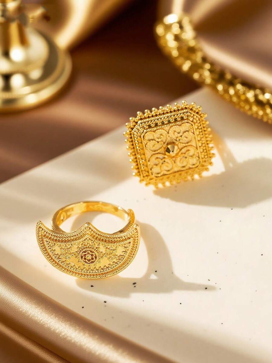 1 件镀金铜开口戒指，方形月亮设计阿拉伯中东风格女士婚礼订婚礼物戒指 - 金色 - 查看 1