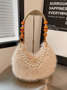 Ladies' Handbag With Fox Fur Wooden Handle; A Fashionable And Versatile Fur Bag For Autumn And Winter, Suitable For Commuting And Outdoor Use