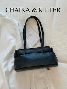 CHAIKA & KILTER 女士纯色PU布单肩包，复古时尚腋下单肩包，带肩带装饰，拉链封口，双提手，适合日常购物（附赠吊坠） - 黑色 - 查看 10