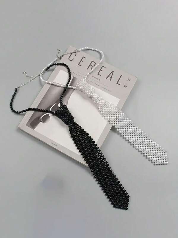 1pc Women's Elegant -Like Necktie - Removable Collar Accessory, Black & White Plastic Imitation For Weddings, Proms, Business Meetings, Hand Washable Fake Tie For Blouses & Suits