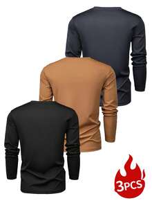 3 piezas Camisetas de manga larga de cuello redondo de unicolor para hombre, capas base versátiles para uso diario en primavera/otoño - Multicolor - Ver 2