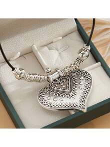 Silver Color Boho Heart Pendant Necklace, Minimalist Jewelry, Commemorative - Bạc - Xem 2