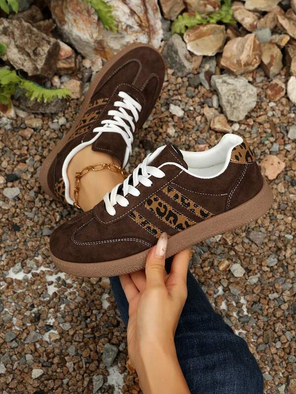 Women's Casual Versatile Leopard Print Accent Sneakers, Fashion Eye-Catching Comfortable Rubber Soft Sole Athletic Shoes, Breathable Lightweight Patchwork Sports Shoes For Women