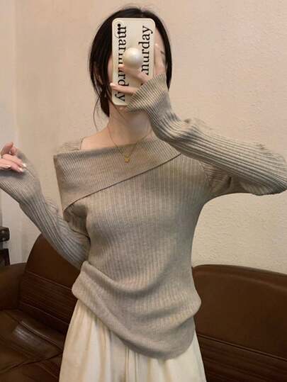 Fashionable Collared Off Shoulder Slimming Knit Sweater, Random Cut, Unique Design, Versatile For Autumn