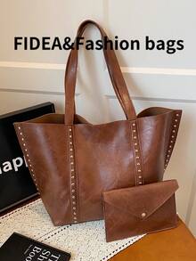 Bolso de hombro de gran capacidad de moda para mujer, bolso versátil de alta calidad con remaches de unicolor vintage elegante, adecuado para viajes, compras, ir al trabajo - Marrón - Ver 4