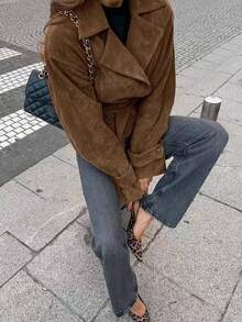 Áo khoác nữ cổ ve lật, tay dài, thắt lưng thắt lưng dệt kim màu nâu thanh lịch - màu nâu - Xem 5