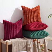1件装/2件装/4件装仿毛皮舒适柔软条纹装饰抱枕套，天鹅绒枕套靠垫套，适用于沙发 - 紅色 - 查看 6