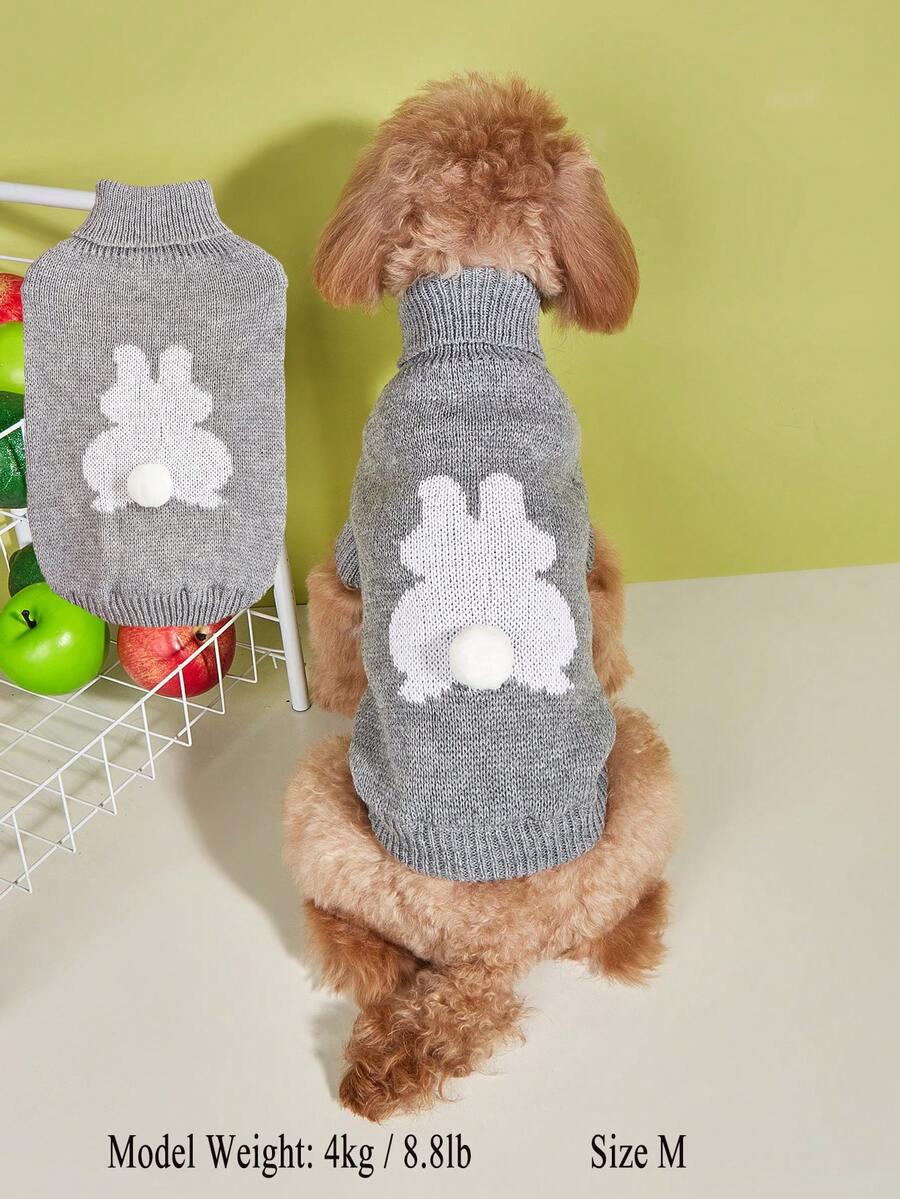 1 pièce Vêtements pour animaux de compagnie Automne/Hiver Tricoté Élastique Design de col retourné Couleur unie Mignon Pompon de lapin Petit chien Chat Pull - Gris - Voir 1