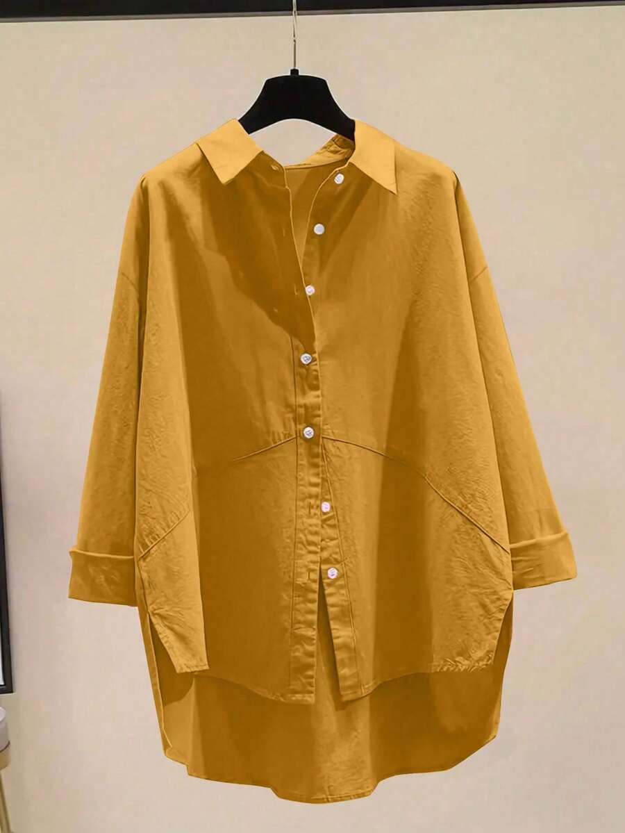 Camisa de botones de unicolor minimalista y casual para mujer, blusas de manga larga para el verano - Amarillo - Ver 1