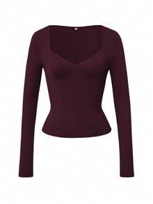 Blusa de mujer Vaiaye de ajuste ceñido, escote en V profundo, manga larga, unicolor, camiseta de punto, adecuada para usar en el Día de San Valentín, casual de primavera - Púrpura - Ver 3