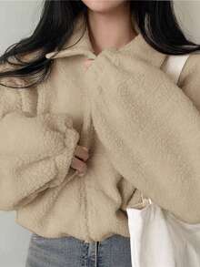 Chaqueta corta de lana de cordero con cremallera, elegante para mujer en otoño e invierno. Chaqueta de estilo teddy de moda sólida y elegante para salir, en color marrón. Cárdigan casual de manga larga y ajuste holgado para mujer, abrigo exterior para fiestas, ropa de Navidad y Año Nuevo.