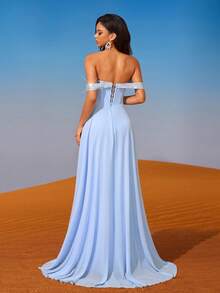 AOSHABABI 雪纺露肩长款晚礼服，水钻装饰修身紧身胸衣，露背，喇叭裙，适合正式场合、音乐节、庆典、婚礼、派对、毕业典礼、鸡尾酒会、约会、节日和伴娘礼服 - 淺藍色 - 查看 8