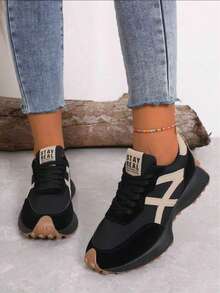 Women's Platform Sneakers, Casual Lace Up Outdoor Shoes, Comfortable Low Top Sport Shoes For Fall - Black - View 5