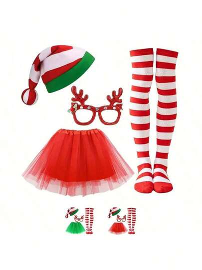 4 piezas de ropa de Navidad para mujer, conjunto de disfraz gótico rojo, vestido rojo de unicolor + gafas de reno + calcetines a rayas rojos y blancos + sombrero de Navidad, adecuado para juegos de roles, eventos navideños, fiestas y reuniones.