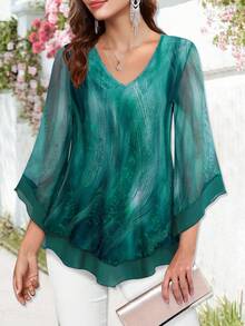 CheersLife Blusa elegante de mujer con cuello en V, de doble capa, con malla elástica, de estilo casual y fluido para el trabajo, con volantes y mangas acampanadas 3/4