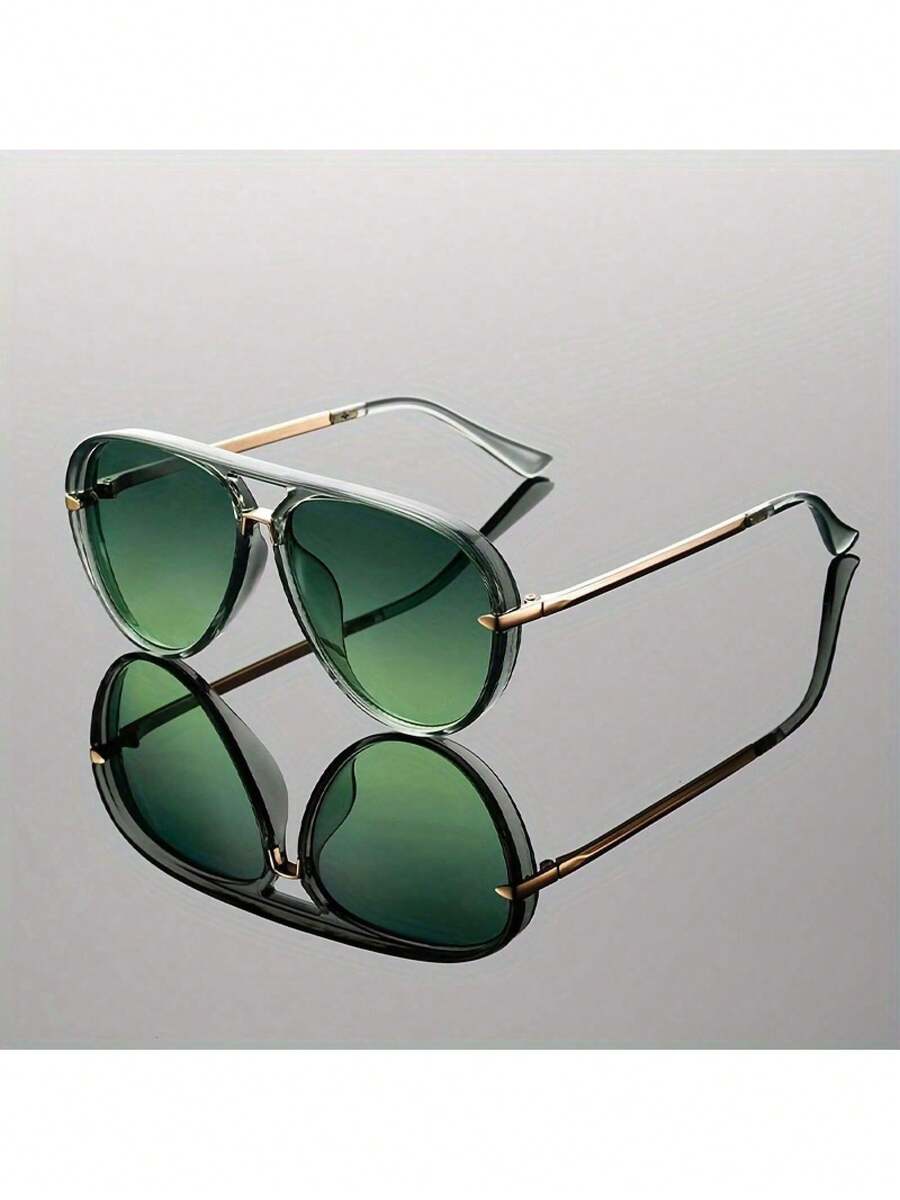 1pc Women Large Frame Fashion Casual Glasses  And Minimalist Semi Metal Eyeglasses Legs Color Blocking Design Jelly Colored Frame Light Luxury Style Men Glasses - 綠色-漸層綠 - 查看 1