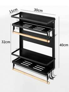 Estante de almacenamiento de cocina de metal multifuncional - Estante de almacenamiento lateral magnético, apto para refrigerador y lavadora - sin necesidad de perforar, acabado negro elegante, organizador de especias montado en la pared, Estante organizador lateral de refrigerador de 1 pieza con ganchos para colgar objetos pequeños adecuado para familias ocupadas y espacios pequeños - Negro - Ver 6