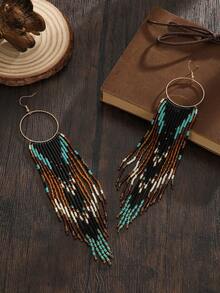 手工串珠耳环，波西米亚风耳环，复古圆形黑棕绿流苏耳环，女士时尚耳环，春夏新款，百搭，适合日常、度假、感恩节、母亲节、情人节、友情礼物 - 圓圈耳環 - 查看 4