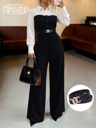 Mono de mujer de 2 en 1 de contraste de color para otoño/invierno, mono retro elegante en blanco y negro, adecuado para citas, compras, conciertos, bares y ocasiones de negocios