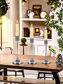 Simple Gold Metal Tapered Candle Holders - Romantic European-Style Decor For Home Candlelit Dinners, Weddings, Room Decor, Home Decor, And Multi-Occasion Holiday Table Decor. Perfect For Christmas, Halloween, Easter,  Thanksgiving, Weddings, Banquets, Parties, As Well As Home And Hotel Decorations. Durable And Easy To Assemble. (Candles Not Included) - 銀色 - 查看 5