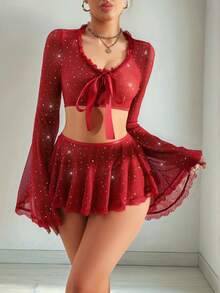3pcs Set: Lace Trim Heart Neck Long Sleeve Top With Bow Tie + Lace Trim Skirt + Thong Panty - Burgundy - View 3