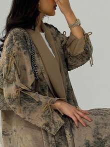 1pc Elegant Tie-Waist Casual Split Cuff Batik Print Abaya, Arabian Dubai Fashion Saudi Open Cardigan Robe Shawl, Suitable For Daily Wear And Gatherings Spring - Multicolor - View 4