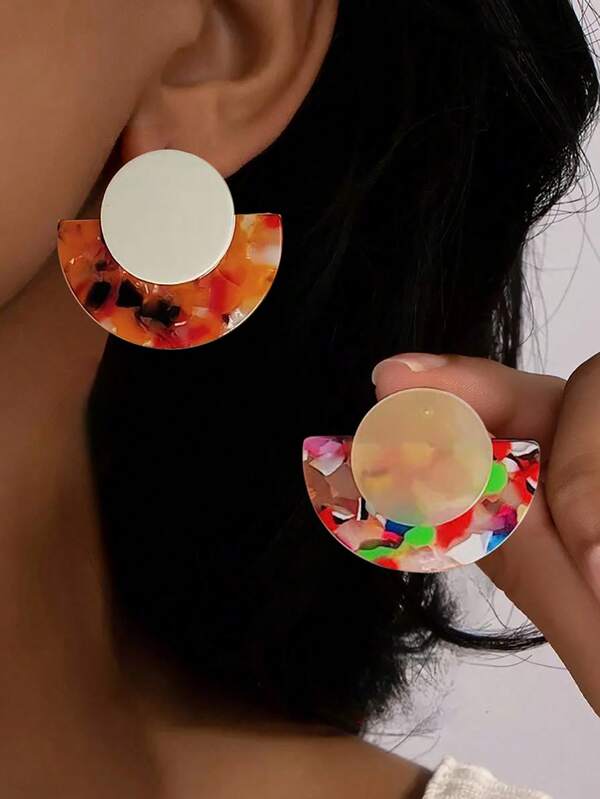 2pcs Creative & Fashionable Colorful Geometric Asymmetrical Circle & Semi-Circle Acrylic Earrings For Women
