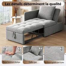 3 en 1 Sofá Cama Multifuncional, Sofá de Tela de Lino con Respaldo Ajustable, Sofá Reclinable para Espacios Pequeños - Gris + Tapizado + Lino + 2 Plazas - Ver 6