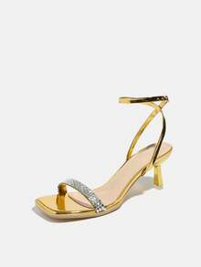 Tocuri înalte pentru femei, pantofi cu vârf pătrat placați cu aur, la modă și eleganți, cu ornamente de cristal, potriviți pentru petreceri, banchete și ocazii în aer liber, toamnă/primăvară, tocuri tip pisoi - Aur - Vizualizare 4