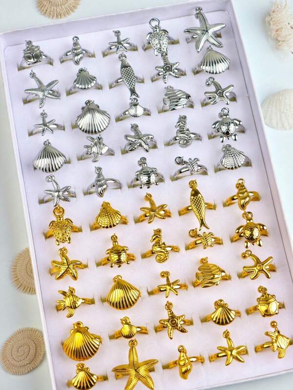 6Pcs Fashion Punk Retro Stainless Steel Ring For Girls And Boys Ocean Themed Starfish Shells Turtles Animals Cool Daily Festivals Good Friends Gifts Jewelry Random Style